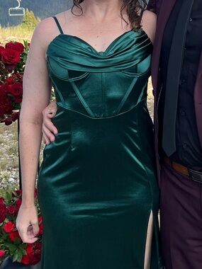 Haute Monde Emerald Green Satin Black Tie Wedding Guest, Bridesmaid, Prom Dress